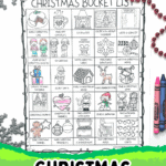 Free printable Christmas bucket list for kids with 25 color-in activities like making ornaments, baking cookies, and visiting Christmas lights.