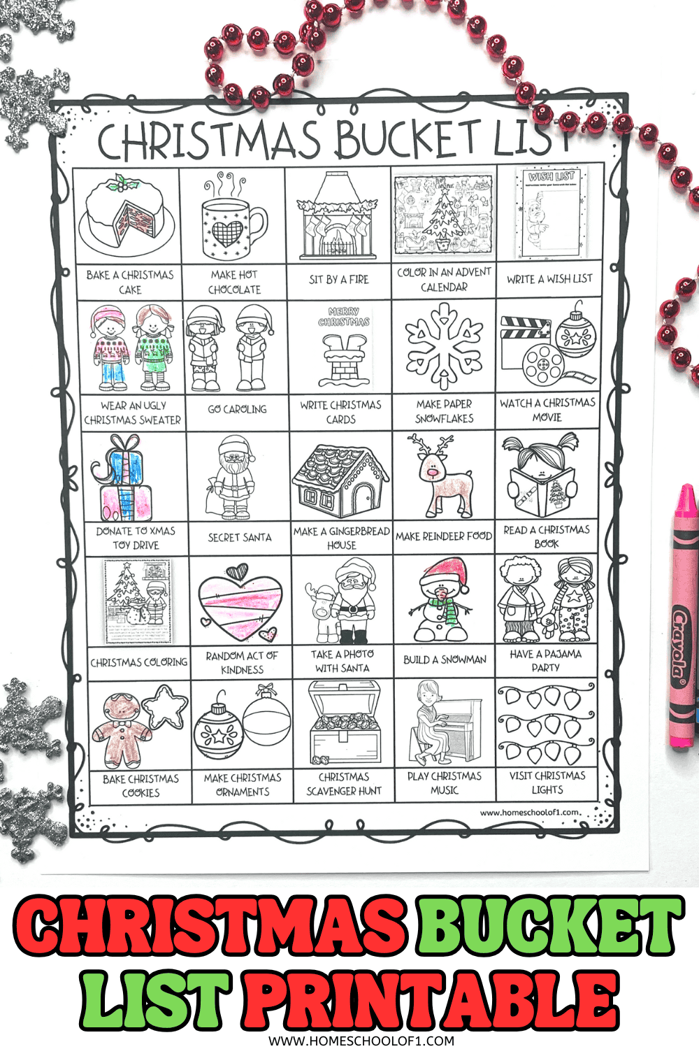 Printable Christmas bucket list for kids featuring 25 festive activities like baking, crafting, and coloring, partially colored with Crayola crayon.

