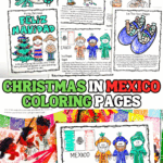Free Christmas in Mexico coloring page featuring Feliz Navidad, Las Posadas, and traditional foods for kids