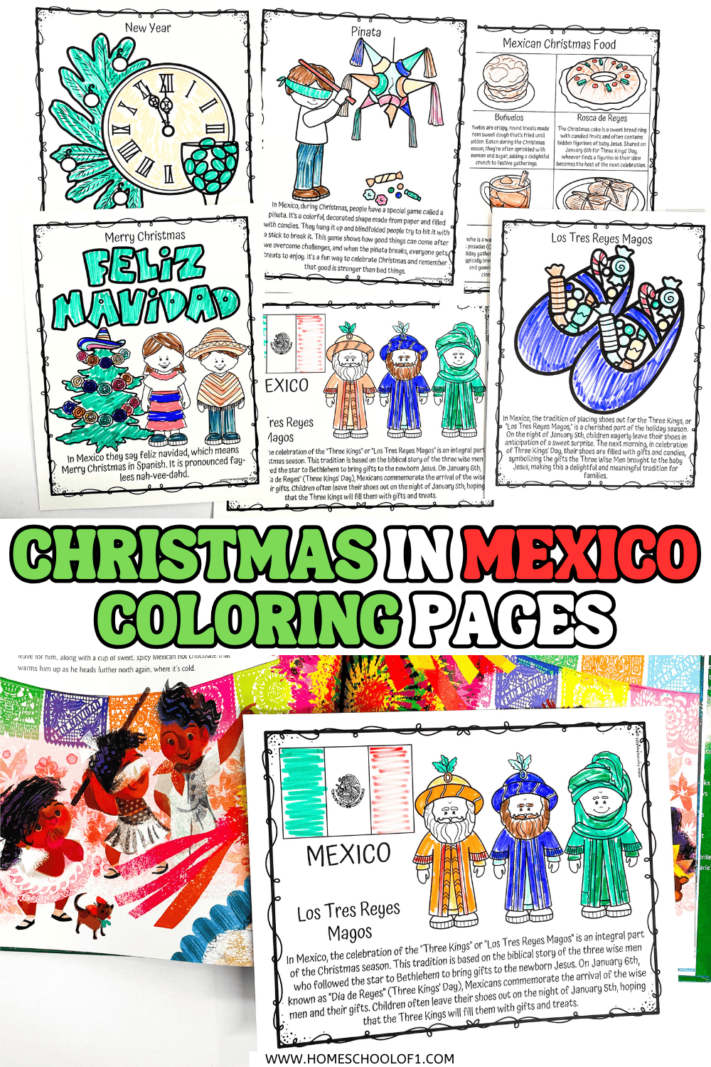 Free Christmas in Mexico coloring page featuring Feliz Navidad, Las Posadas, and traditional foods for kids

