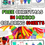 Coloring sheet for Christmas in Mexico featuring Three Kings Day, piñatas, New Year grapes, and Feliz Navidad