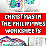 Free printable worksheets showing Filipino Christmas traditions like pagmamano, parol decorations, and holiday foods with coloring activities for kids.