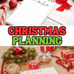 Flat lay of Christmas to-do lists surrounded by festive decorations, gifts, candy canes, and holiday lights, emphasizing organized Christmas planning for families.