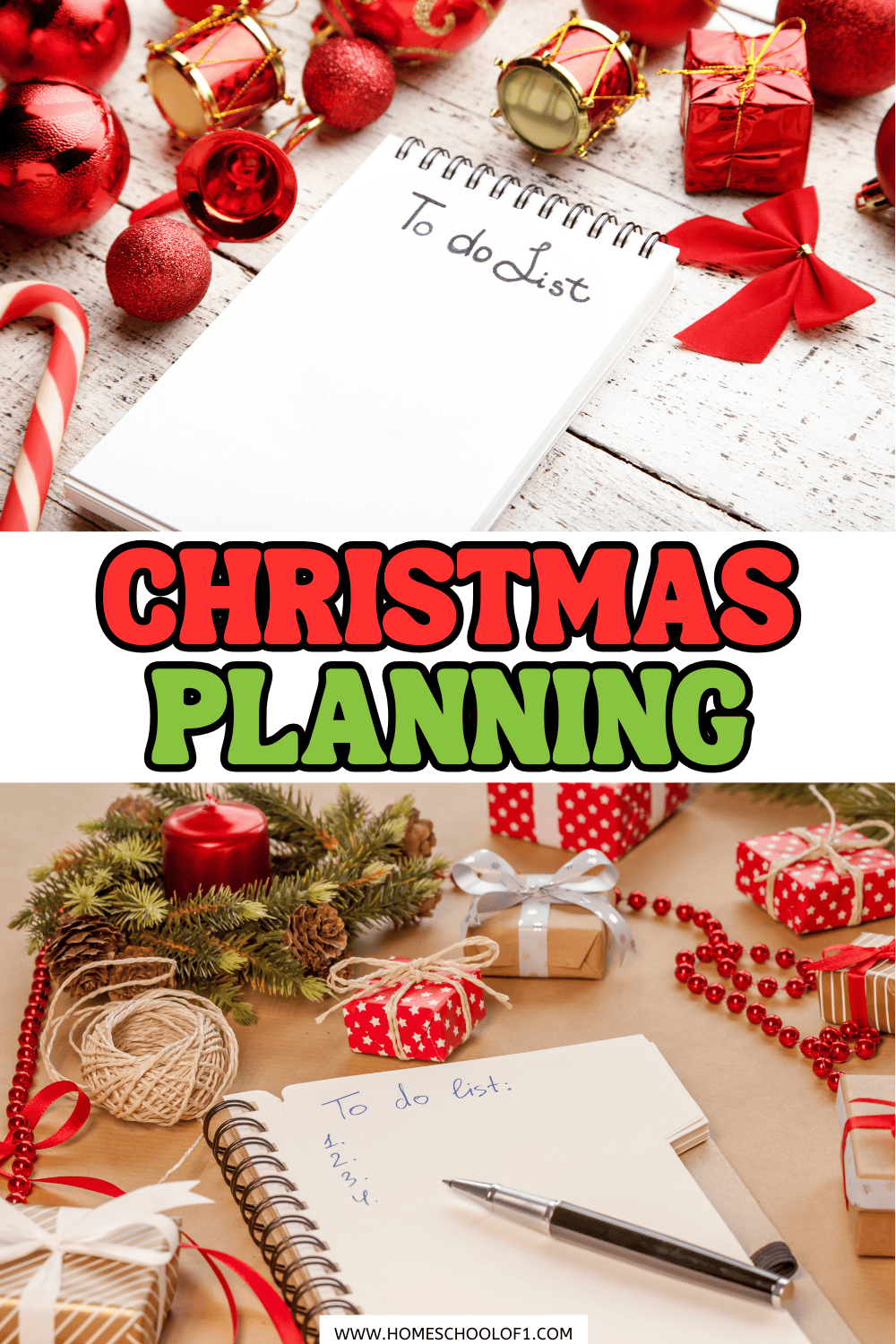 Flat lay of Christmas to-do lists surrounded by festive decorations, gifts, candy canes, and holiday lights, emphasizing organized Christmas planning for families.

