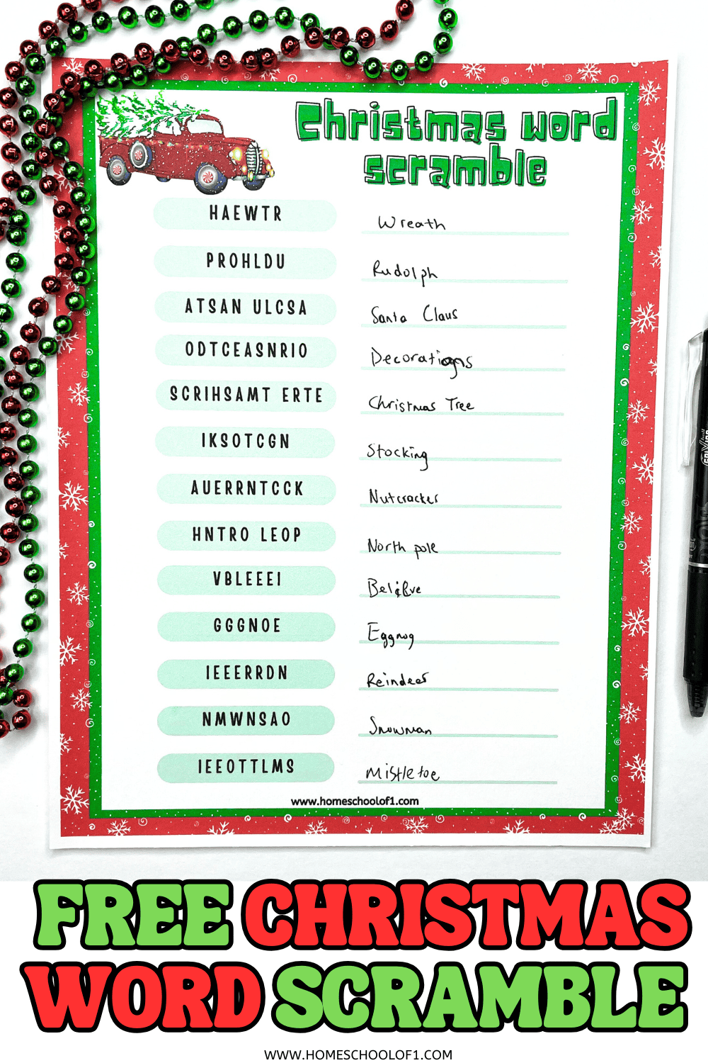 Printable Christmas word scramble game with 13 festive holiday-themed scrambled words and answers, perfect for kids.

