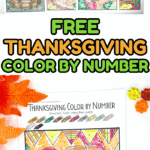 Collage of Thanksgiving color by number worksheets including pumpkins, pie, and turkeys