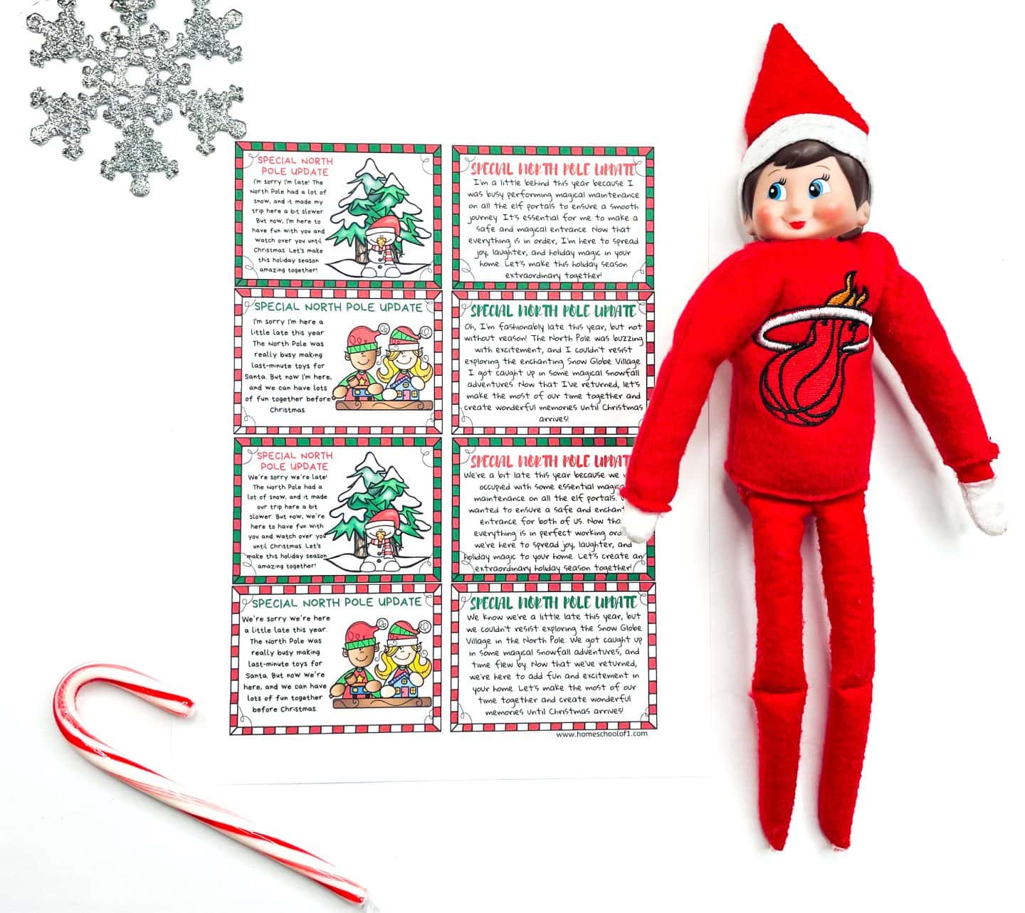 An Elf on the Shelf doll dressed in red lies next to a sheet of six colorful “Special North Pole Update” letters, each explaining humorous reasons for the elf's late arrival. The notes are bordered in red and green candy cane stripes with festive illustrations. A glittery silver snowflake and a striped candy cane decorate the scene.

