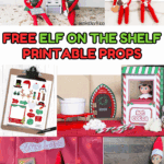 Free printable Elf on the Shelf props featured in creative setups including taco trucks, camping scenes, Disney ears, and a hot cocoa stand.