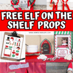Variety of printable Elf on the Shelf props including photo booth props, camping gear, Elfie Land signs, holiday outfits, and tiny accessories for creative elf scenes.