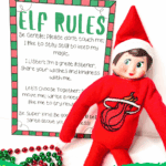 Free Elf on the Shelf rules printable for kids, featuring holiday colors and an Elf doll.