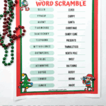 Elf on the Shelf word scramble printable with 13 holiday-themed scrambled words and answer key, surrounded by red and green beads.