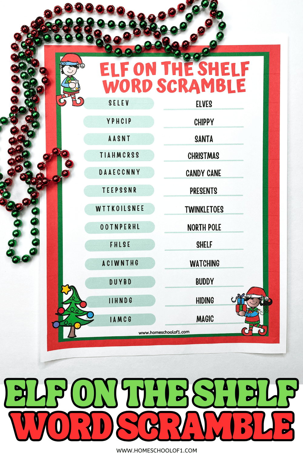 Elf on the Shelf word scramble printable with 13 holiday-themed scrambled words and answer key, surrounded by red and green beads.

