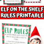 Side-by-side comparison of red and green Elf on the Shelf rules printables with elf accessories.