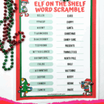 Free printable Elf on the Shelf word scramble with holiday beads, featuring easy and challenging versions for kids.