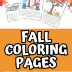 Fall coloring pages for kids showing story scenes with pumpkins, forest trees, and playful autumn characters