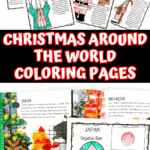 Free cultural Christmas coloring pages for kids, featuring Segatsu-San from Japan and Daidí na Nollaig from Ireland with storybooks in the background.