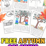 Printable fall story coloring pages for kids featuring pumpkins, scarecrows, and autumn leaves