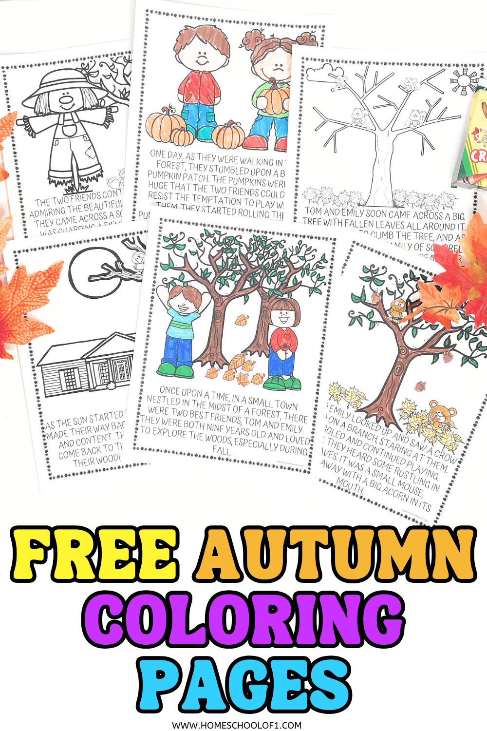 Printable fall story coloring pages for kids featuring pumpkins, scarecrows, and autumn leaves