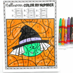 Halloween color by number witch printable with numbered crayons and bold orange background.