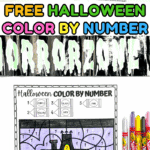 Set of Halloween color by number printables with designs including pumpkins, ghosts, haunted house, and witch.