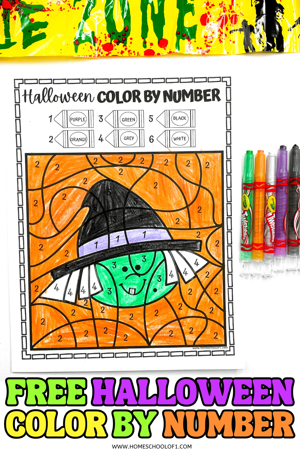 Halloween color by number witch printable with numbered crayons and bold orange background.

