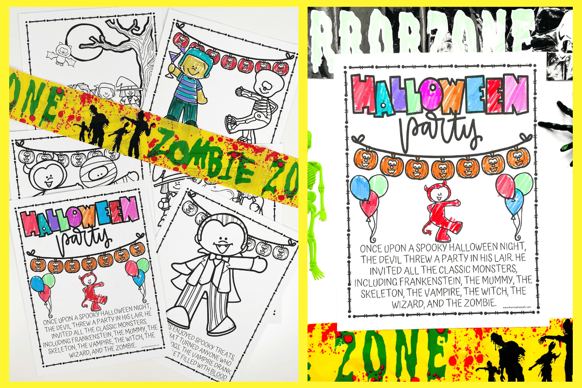 A split image showcases free Halloween coloring sheets for kids. On the left, several black-and-white printable pages are shown, with some partially colored, featuring cute Halloween characters like vampires and mummies under pumpkin garlands. A bright “Zombie Zone” caution tape decorates the scene. On the right, a fully colored “Halloween Party” page is displayed, surrounded by festive “Horrorzone” and “Zombie Zone” tape on a vibrant yellow background.