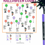 Free printable Halloween counting worksheet for preschoolers featuring spooky characters and colored balloons.