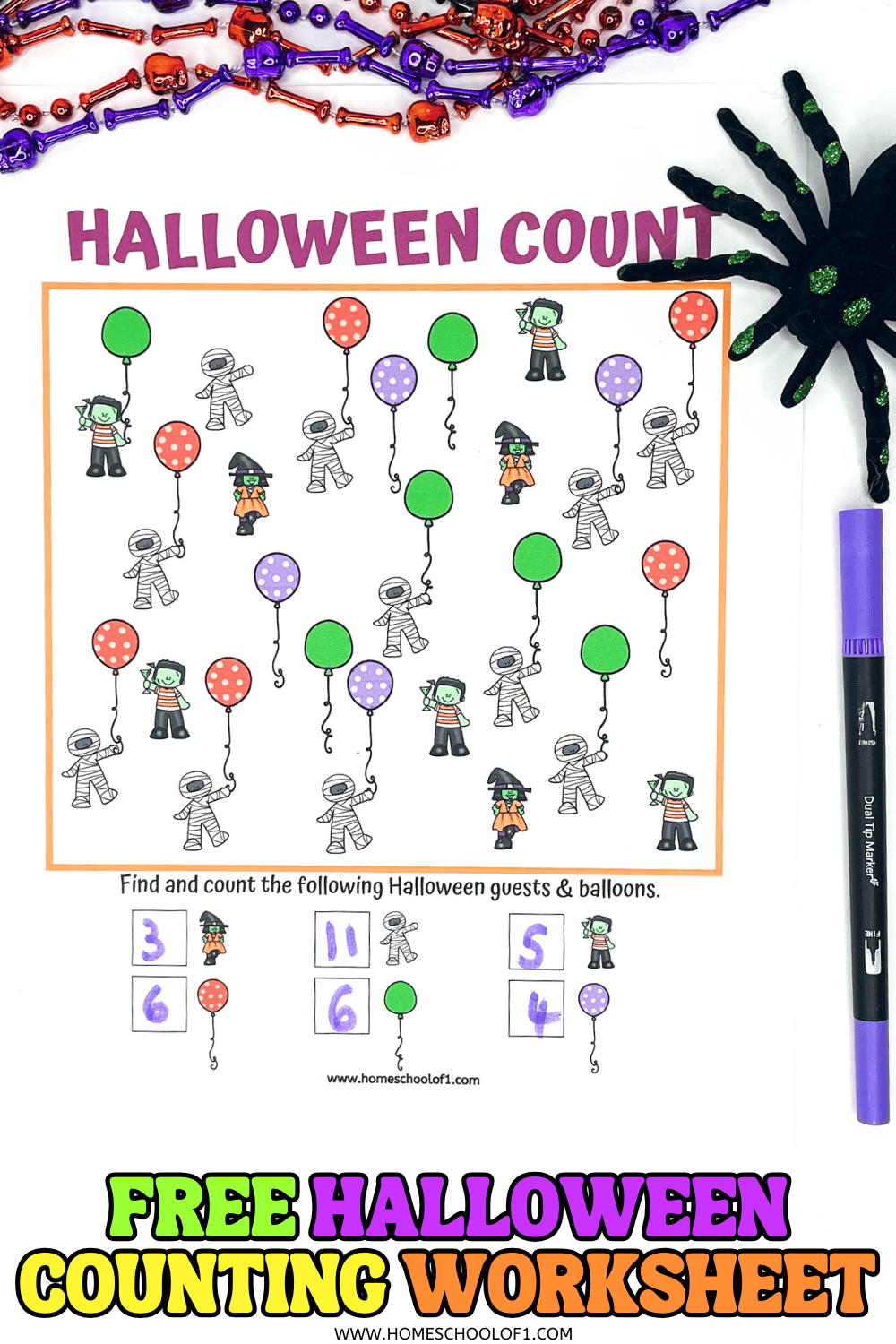 Free printable Halloween counting worksheet for preschoolers featuring spooky characters and colored balloons.

