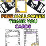 Color and black-and-white Halloween thank you card printables for kids with skulls, pumpkins, spiders, and witch hats