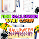 A colorful Halloween word scramble, words within words game, and scattergories printable set with pens and spiders.