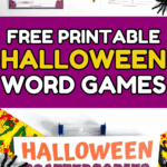 Halloween scattergories printable with spooky decorations, including pens, a sand timer, and a toy spider.