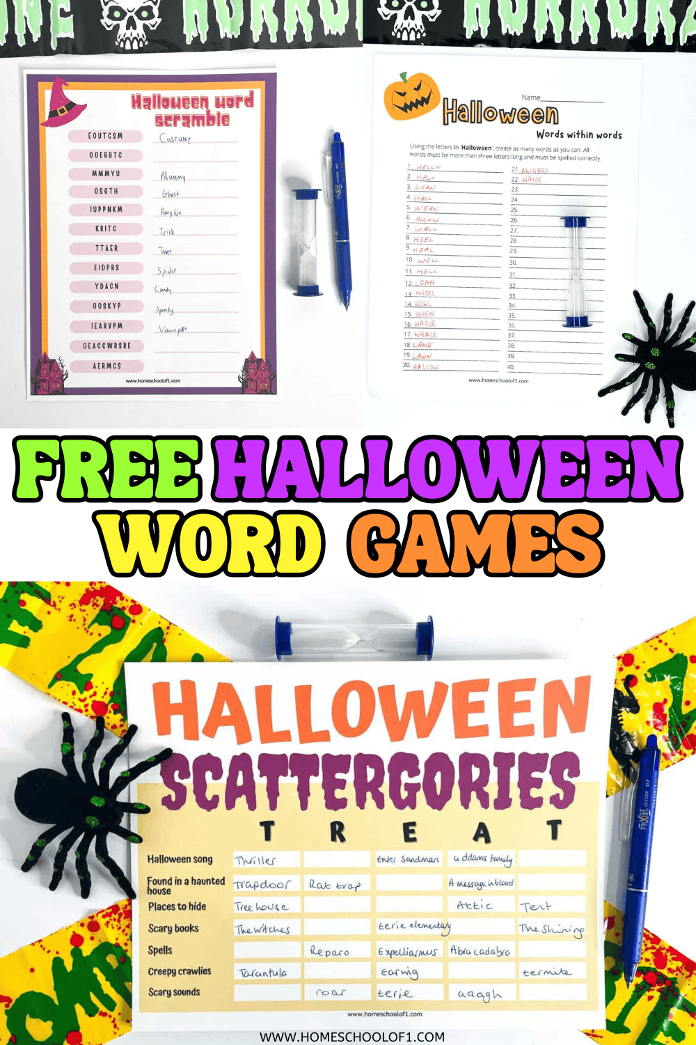  A colorful Halloween word scramble, words within words game, and scattergories printable set with pens and spiders.