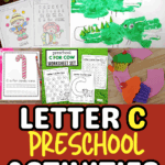 Letter C preschool crafts and printables featuring coloring pages, cow worksheets, candy cane tracing, and cupcake craft