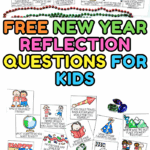 Free New Year reflection questions for kids printable sheets and cut-out cards with colorful clipart and text overlay.