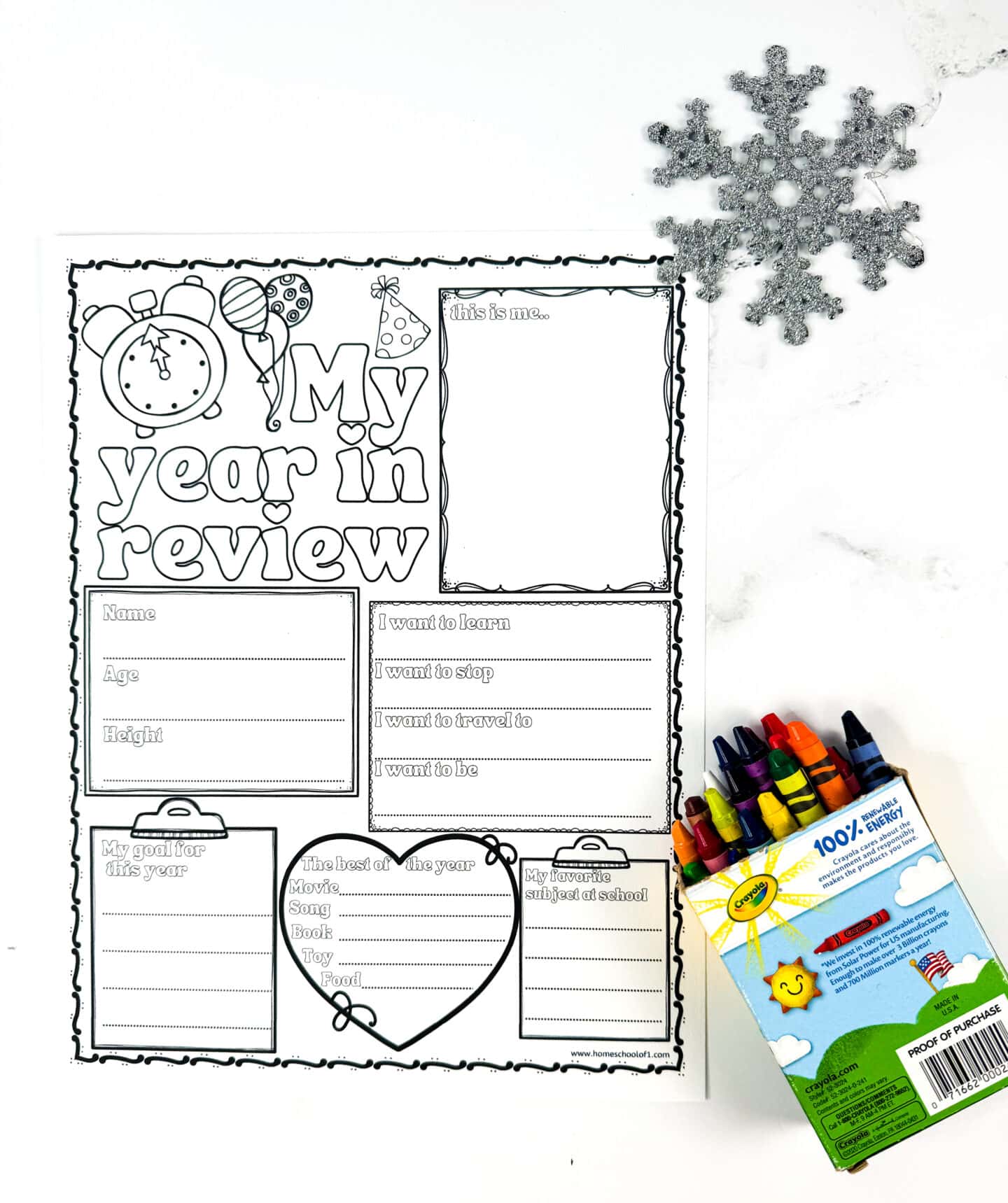a black and white worksheet titled my year in review where there is space for a drawing of this is me, name, age, height, i want to learn, stop, travel to and be, my goal for this year, the best of the year: movie, song, book, toy, and food, plus a space for favorite subject at school