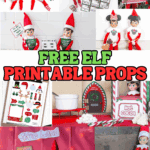 A collage of free printable Elf on the Shelf props including themed outfits, tiny notes, photo booth frames, and mini accessories displayed in playful elf scenes.