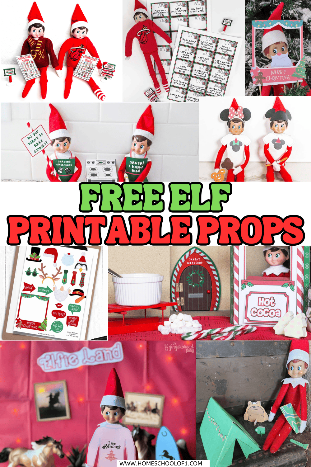 A collage of free printable Elf on the Shelf props including themed outfits, tiny notes, photo booth frames, and mini accessories displayed in playful elf scenes.

