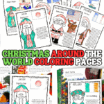 Free printable Christmas Around the World coloring pages featuring Santas from different countries like Japan, Ireland, Russia, and more.