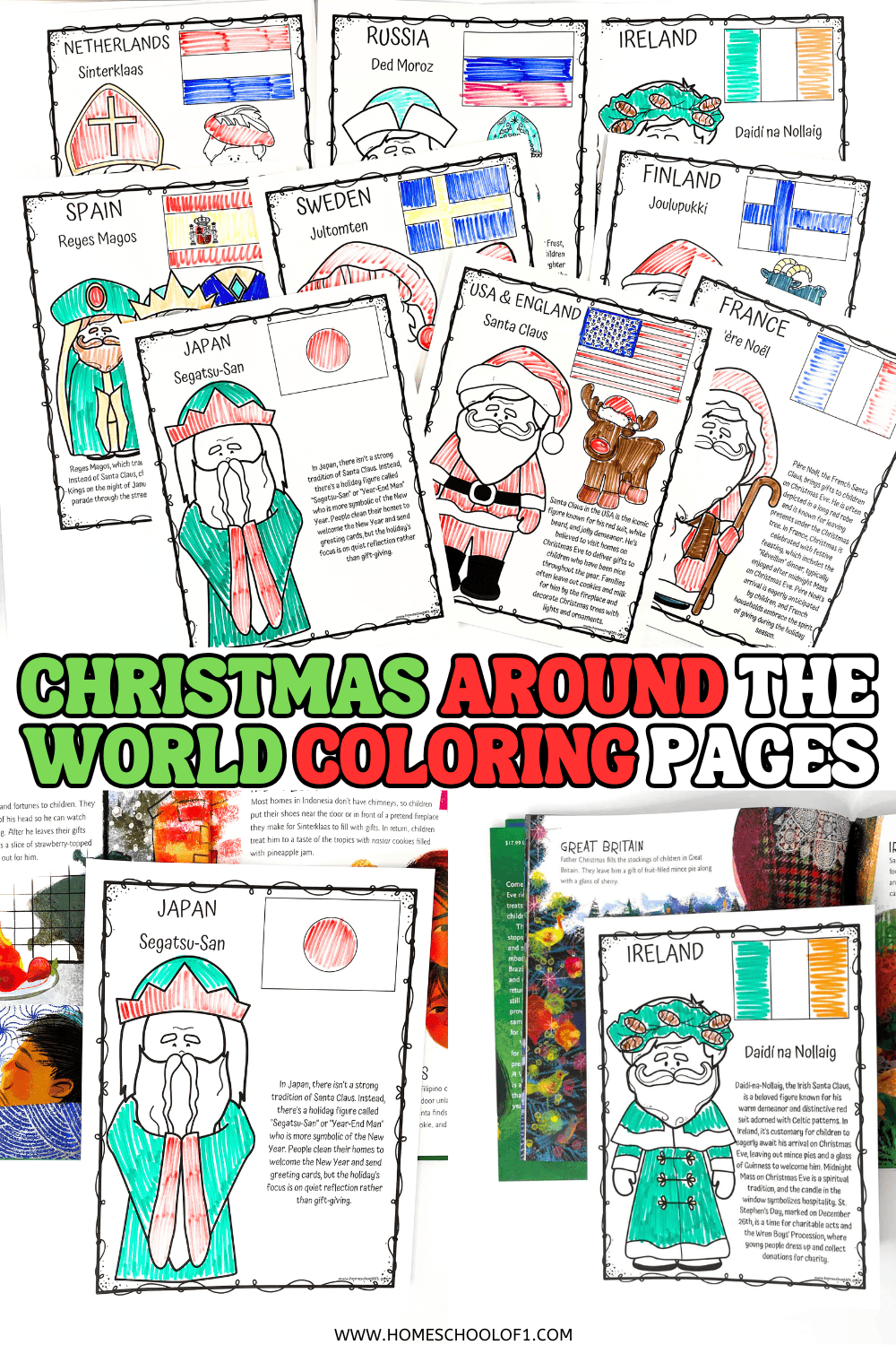 Free printable Christmas Around the World coloring pages featuring Santas from different countries like Japan, Ireland, Russia, and more.


