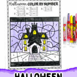 Halloween haunted house color by number worksheet with purple sky and yellow windows.