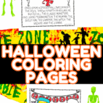 Halloween coloring book pages with crayons, Halloween party banner, and classic monster characters for kids to color.