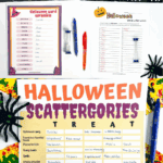 Halloween word scramble and words within words printable worksheets shown with timers and spooky decorations.