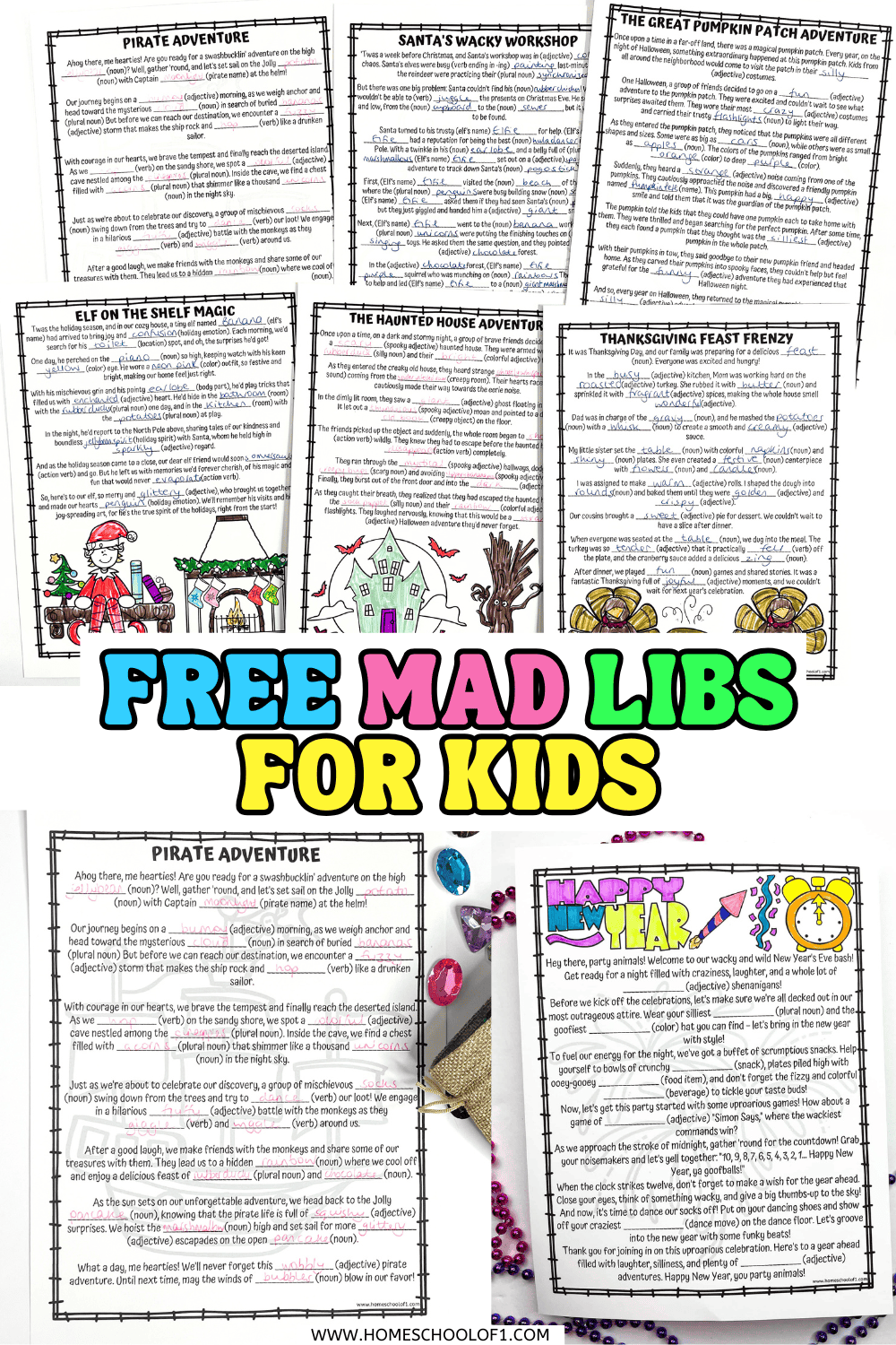 Completed holiday-themed Mad Libs worksheets for kids featuring Pirate Adventure, Santa’s Workshop, Great Pumpkin Patch, Elf on the Shelf, Haunted House, Thanksgiving Feast, and New Year’s Eve prompts with fill-in-the-blank parts of speech.
