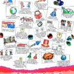 Printable New Year’s Eve reflection questions cards for kids with colorful illustrations, gems, and bold text header.