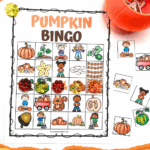 Free pumpkin bingo printable featuring a colorful bingo board with pumpkin-themed illustrations, perfect for fall learning fun.