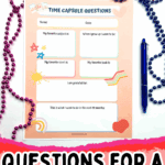 Free printable time capsule questions worksheet for kids with prompts about favorite subject, sport, book, gratitude, and future goals.