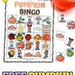 Free pumpkin bingo game for kids with a printable board, calling cards, and fall-themed images like pumpkins, wagons, and acorns.