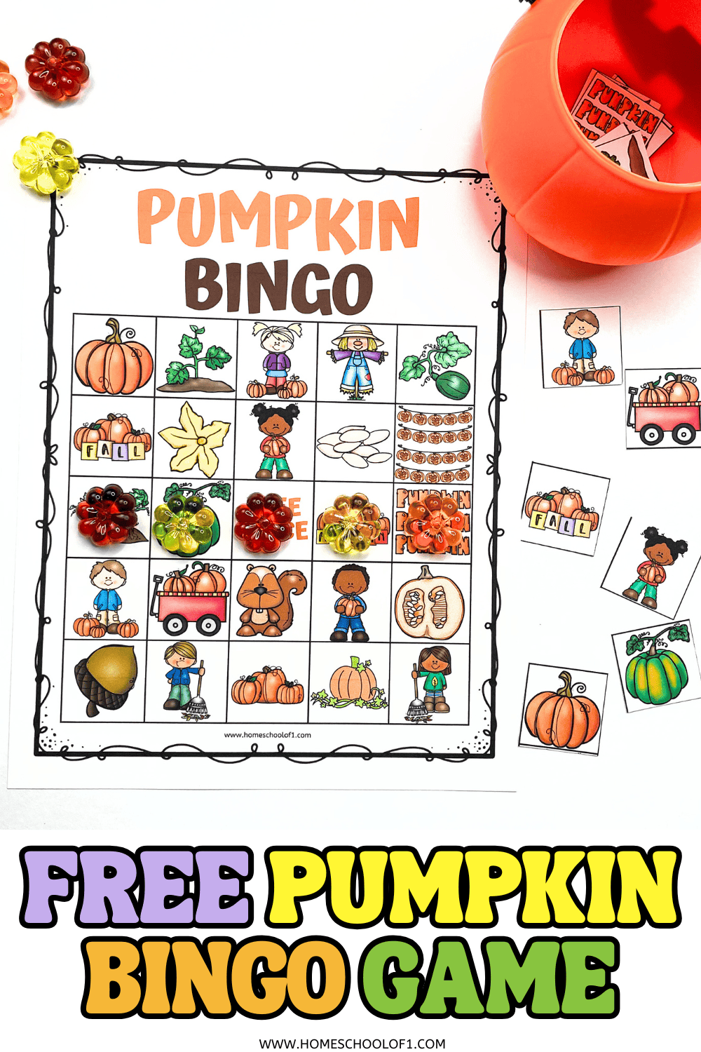 Free pumpkin bingo game for kids with a printable board, calling cards, and fall-themed images like pumpkins, wagons, and acorns.

