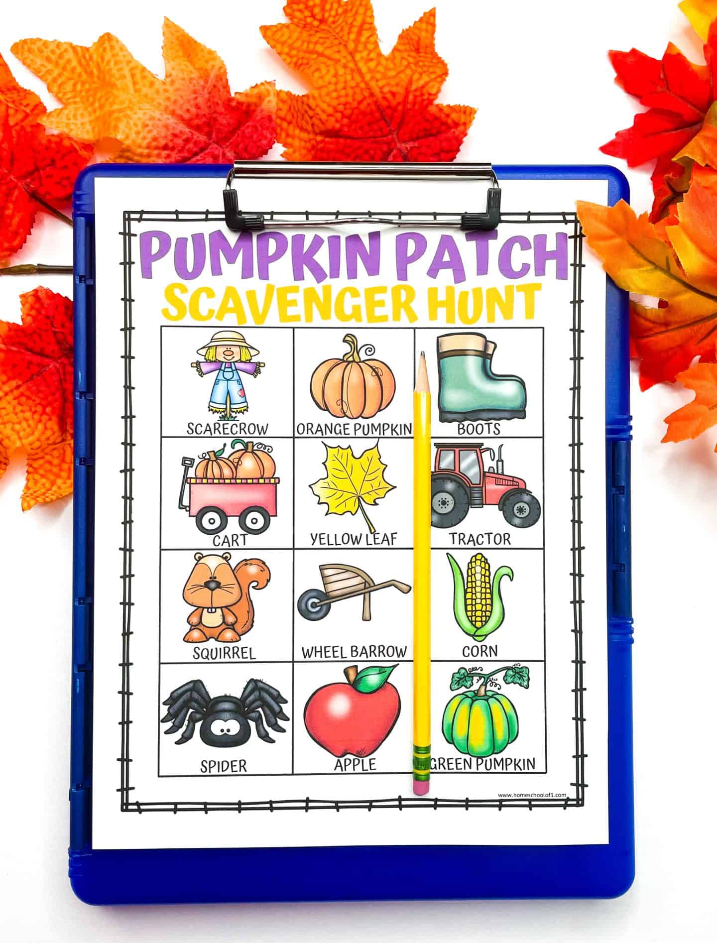 Pumpkin patch scavenger hunt printable clipped to a blue clipboard, featuring colorful images of fall favorites like a scarecrow, orange pumpkin, boots, yellow leaf, tractor, and corn. A yellow pencil lies across the sheet, surrounded by bright orange and red autumn leaves—perfect for outdoor learning or festive fall field trips.

