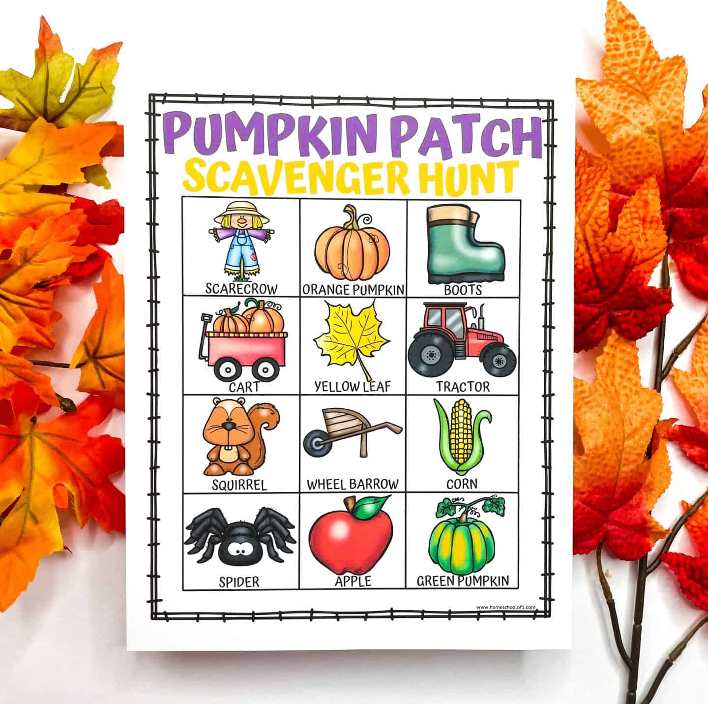 Colorful pumpkin patch scavenger hunt printable featuring a 4x4 grid of fall-themed illustrations including a scarecrow, orange pumpkin, boots, yellow leaf, tractor, squirrel, corn, spider, apple, and green pumpkin. Surrounded by vibrant autumn leaves, this printable is ideal for kids’ outdoor fall activities, homeschool lessons, or classroom fun.